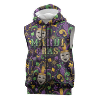 Mardi Gras Carnival Night Sleeveless Zip Hoodie Jester Mask Fantasy