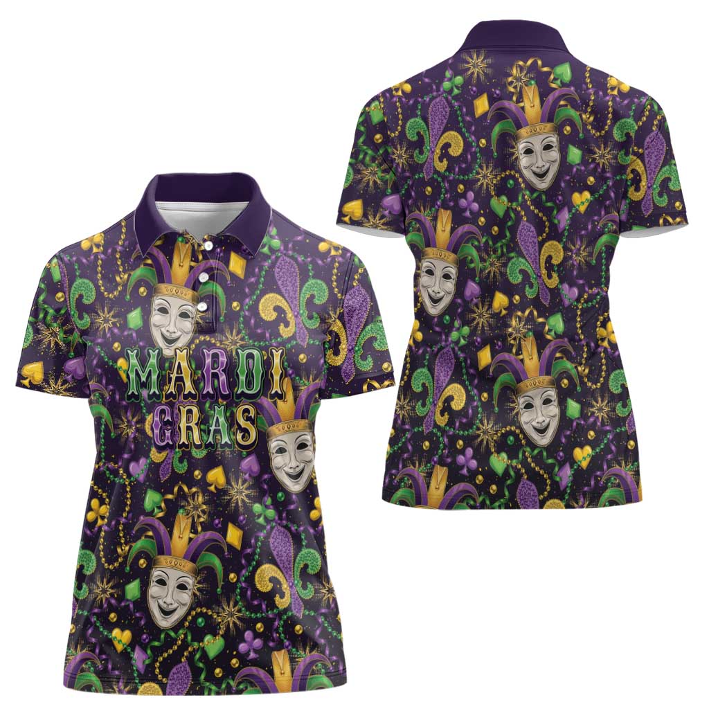 Mardi Gras Carnival Night Women Polo Shirt Jester Mask Fantasy