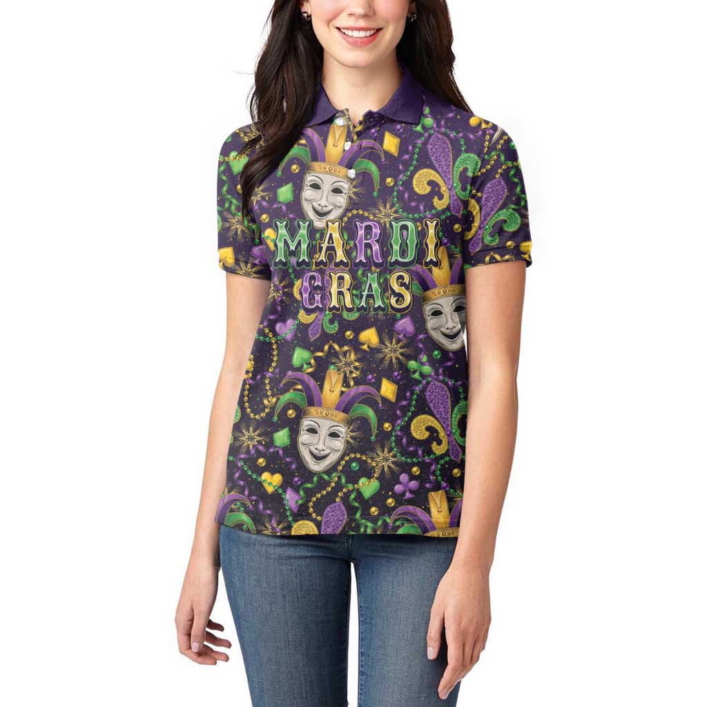 Mardi Gras Carnival Night Women Polo Shirt Jester Mask Fantasy