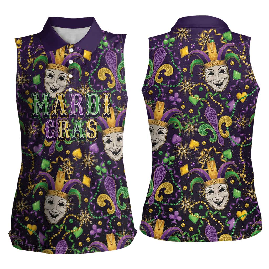 Mardi Gras Carnival Night Women Sleeveless Polo Shirt Jester Mask Fantasy