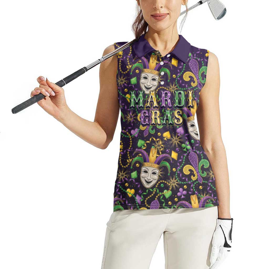 Mardi Gras Carnival Night Women Sleeveless Polo Shirt Jester Mask Fantasy