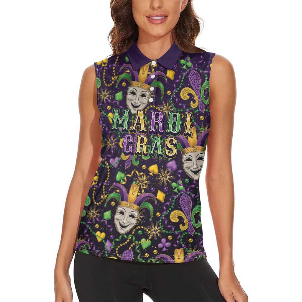 Mardi Gras Carnival Night Women Sleeveless Polo Shirt Jester Mask Fantasy