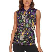 Mardi Gras Carnival Night Women Sleeveless Polo Shirt Jester Mask Fantasy