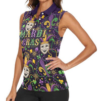 Mardi Gras Carnival Night Women Sleeveless Polo Shirt Jester Mask Fantasy