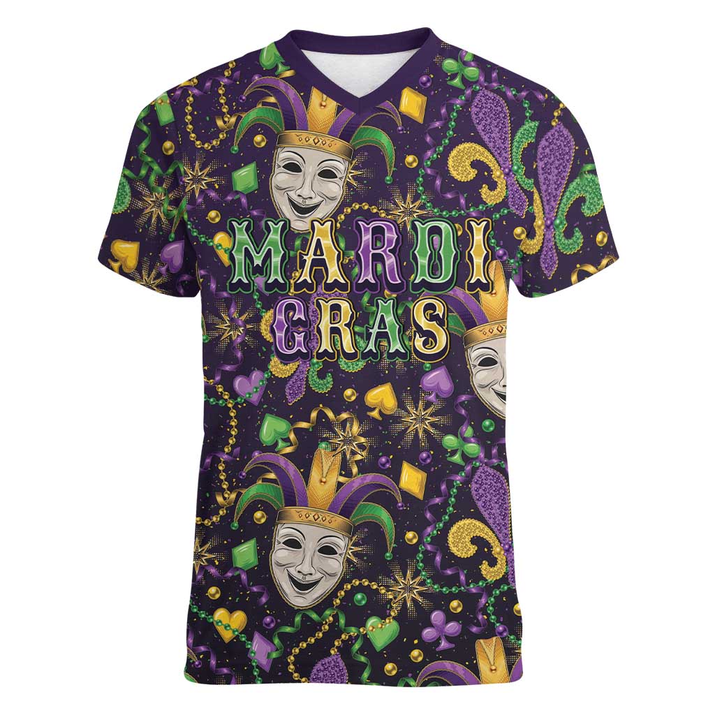 Mardi Gras Carnival Night Women V-Neck T-Shirt Jester Mask Fantasy