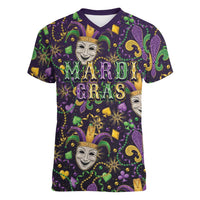 Mardi Gras Carnival Night Women V-Neck T-Shirt Jester Mask Fantasy