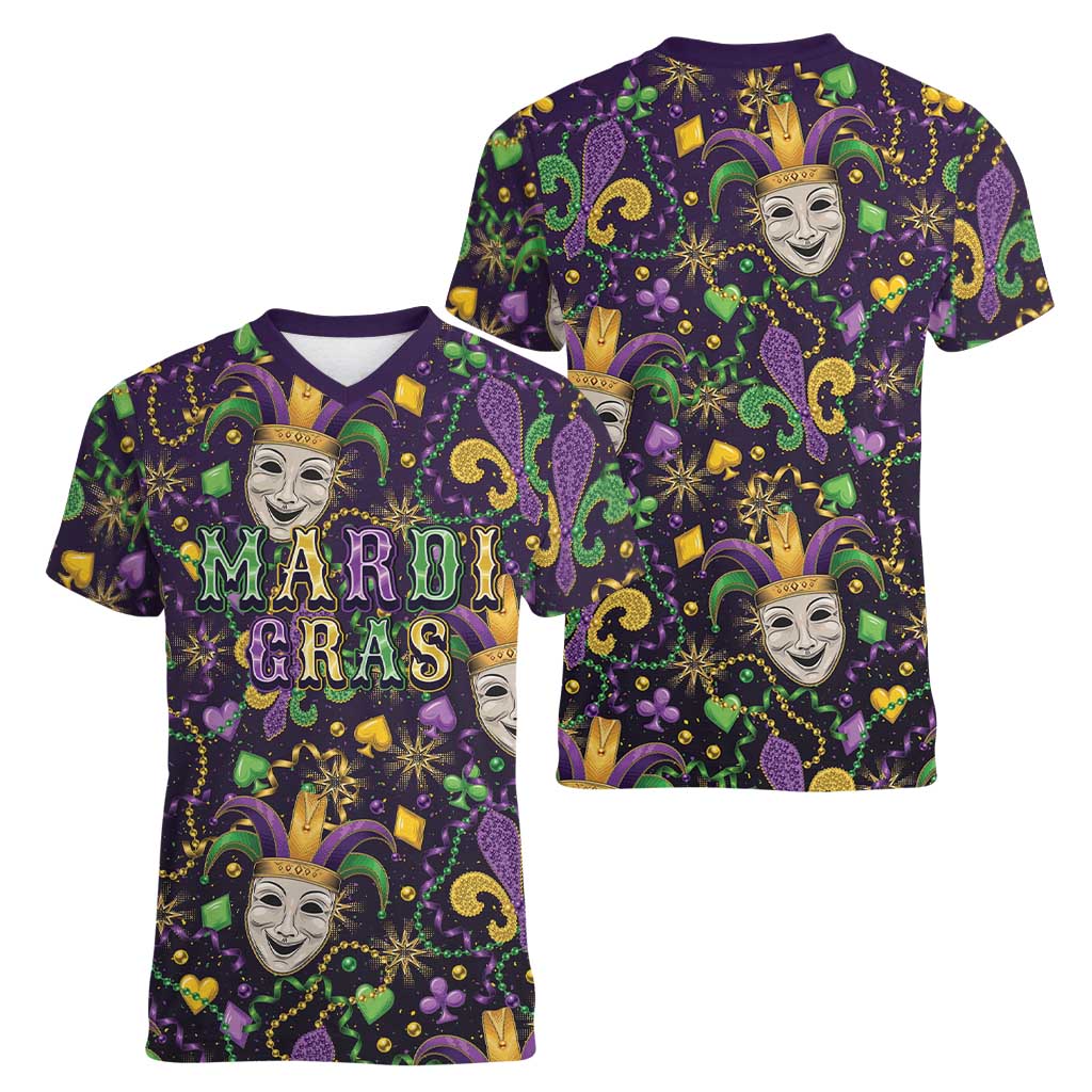 Mardi Gras Carnival Night Women V-Neck T-Shirt Jester Mask Fantasy