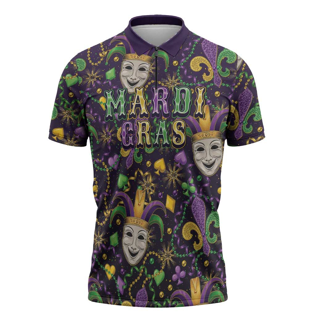 Mardi Gras Carnival Night Zipper Polo Shirt Jester Mask Fantasy