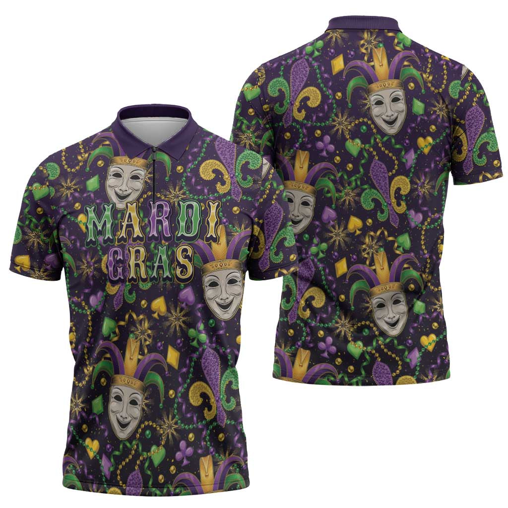 Mardi Gras Carnival Night Zipper Polo Shirt Jester Mask Fantasy