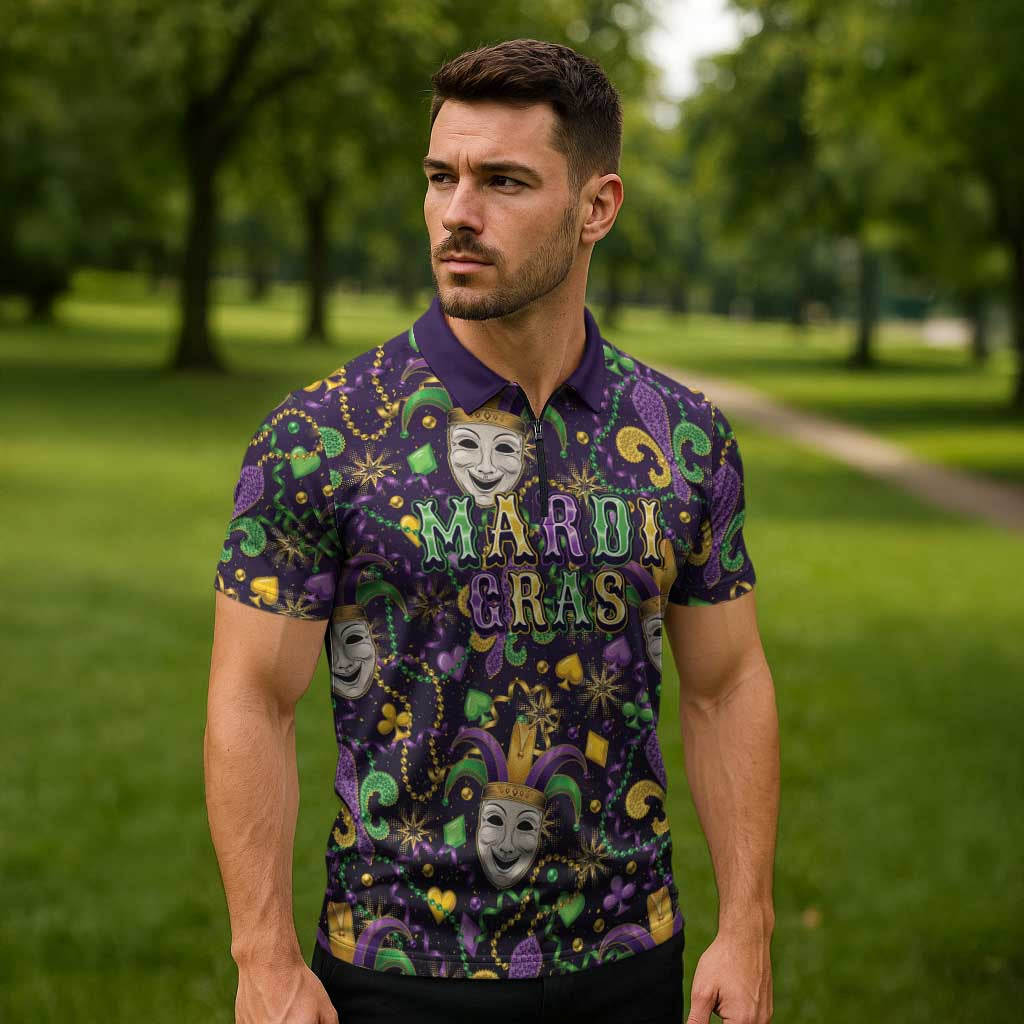 Mardi Gras Carnival Night Zipper Polo Shirt Jester Mask Fantasy