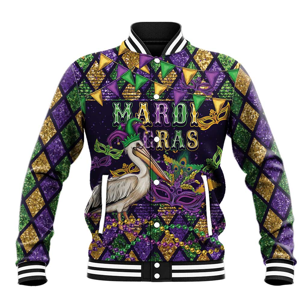 Mardi Gras Pelican Baseball Jacket Let the Good Times Roll