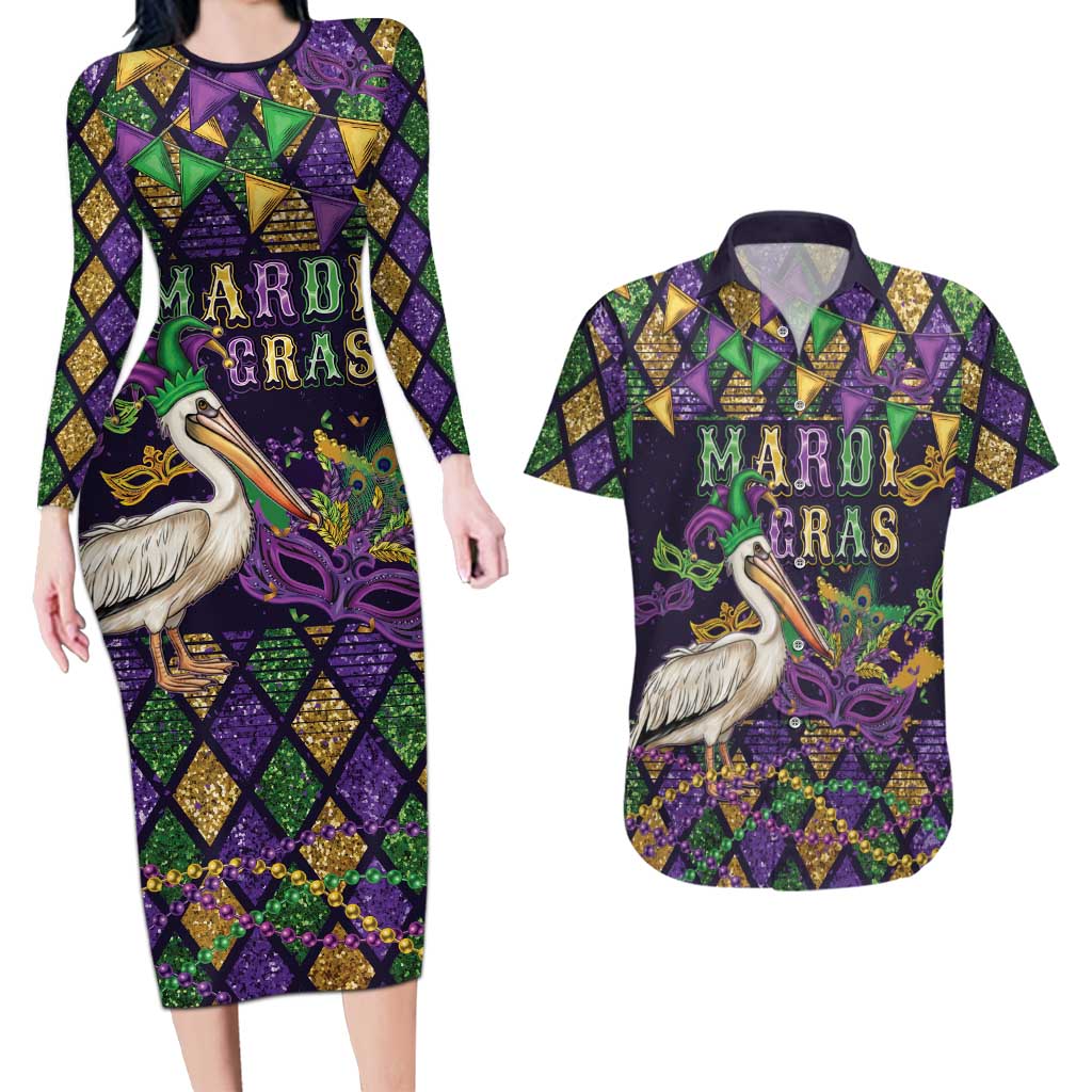 Mardi Gras Pelican Couples Matching Long Sleeve Bodycon Dress and Hawaiian Shirt Let the Good Times Roll