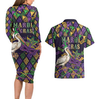 Mardi Gras Pelican Couples Matching Long Sleeve Bodycon Dress and Hawaiian Shirt Let the Good Times Roll
