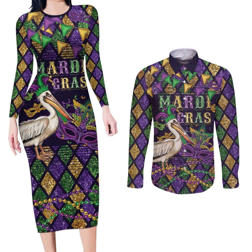 Mardi Gras Pelican Couples Matching Long Sleeve Bodycon Dress and Long Sleeve Button Shirt Let the Good Times Roll