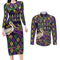 Mardi Gras Pelican Couples Matching Long Sleeve Bodycon Dress and Long Sleeve Button Shirt Let the Good Times Roll