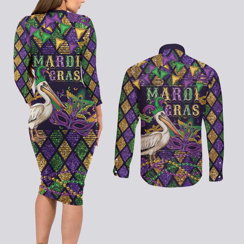 Mardi Gras Pelican Couples Matching Long Sleeve Bodycon Dress and Long Sleeve Button Shirt Let the Good Times Roll