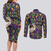 Mardi Gras Pelican Couples Matching Long Sleeve Bodycon Dress and Long Sleeve Button Shirt Let the Good Times Roll