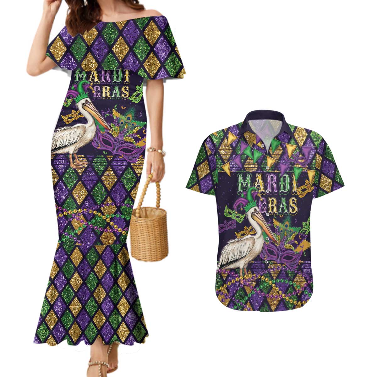 Mardi Gras Pelican Couples Matching Mermaid Dress and Hawaiian Shirt Let the Good Times Roll