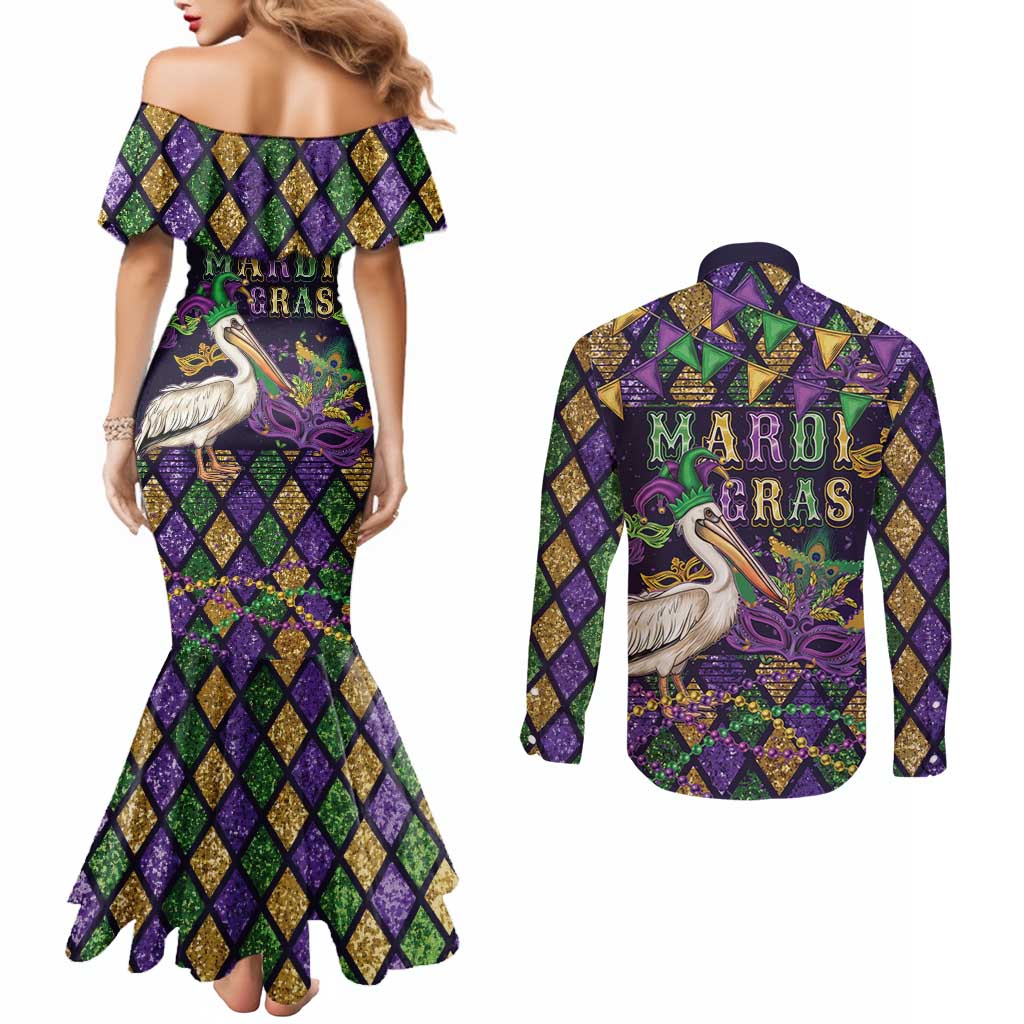 Mardi Gras Pelican Couples Matching Mermaid Dress and Long Sleeve Button Shirt Let the Good Times Roll