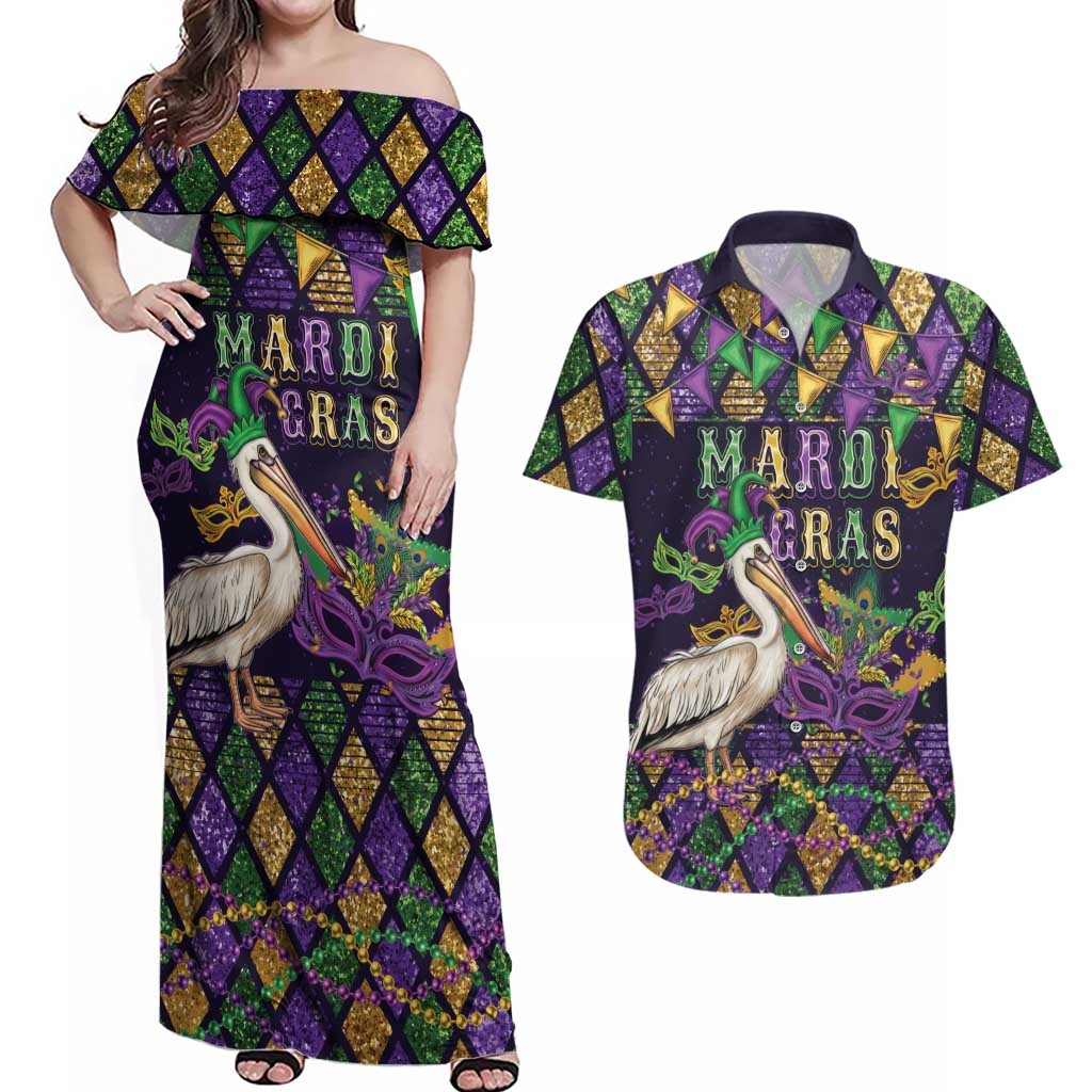 Mardi Gras Pelican Couples Matching Off Shoulder Maxi Dress and Hawaiian Shirt Let the Good Times Roll