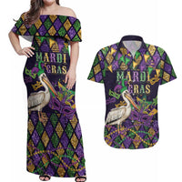 Mardi Gras Pelican Couples Matching Off Shoulder Maxi Dress and Hawaiian Shirt Let the Good Times Roll