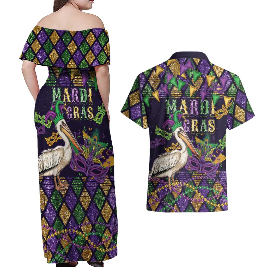 Mardi Gras Pelican Couples Matching Off Shoulder Maxi Dress and Hawaiian Shirt Let the Good Times Roll