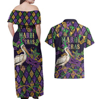 Mardi Gras Pelican Couples Matching Off Shoulder Maxi Dress and Hawaiian Shirt Let the Good Times Roll