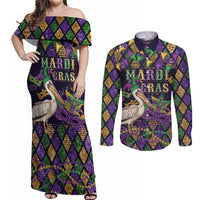 Mardi Gras Pelican Couples Matching Off Shoulder Maxi Dress and Long Sleeve Button Shirt Let the Good Times Roll