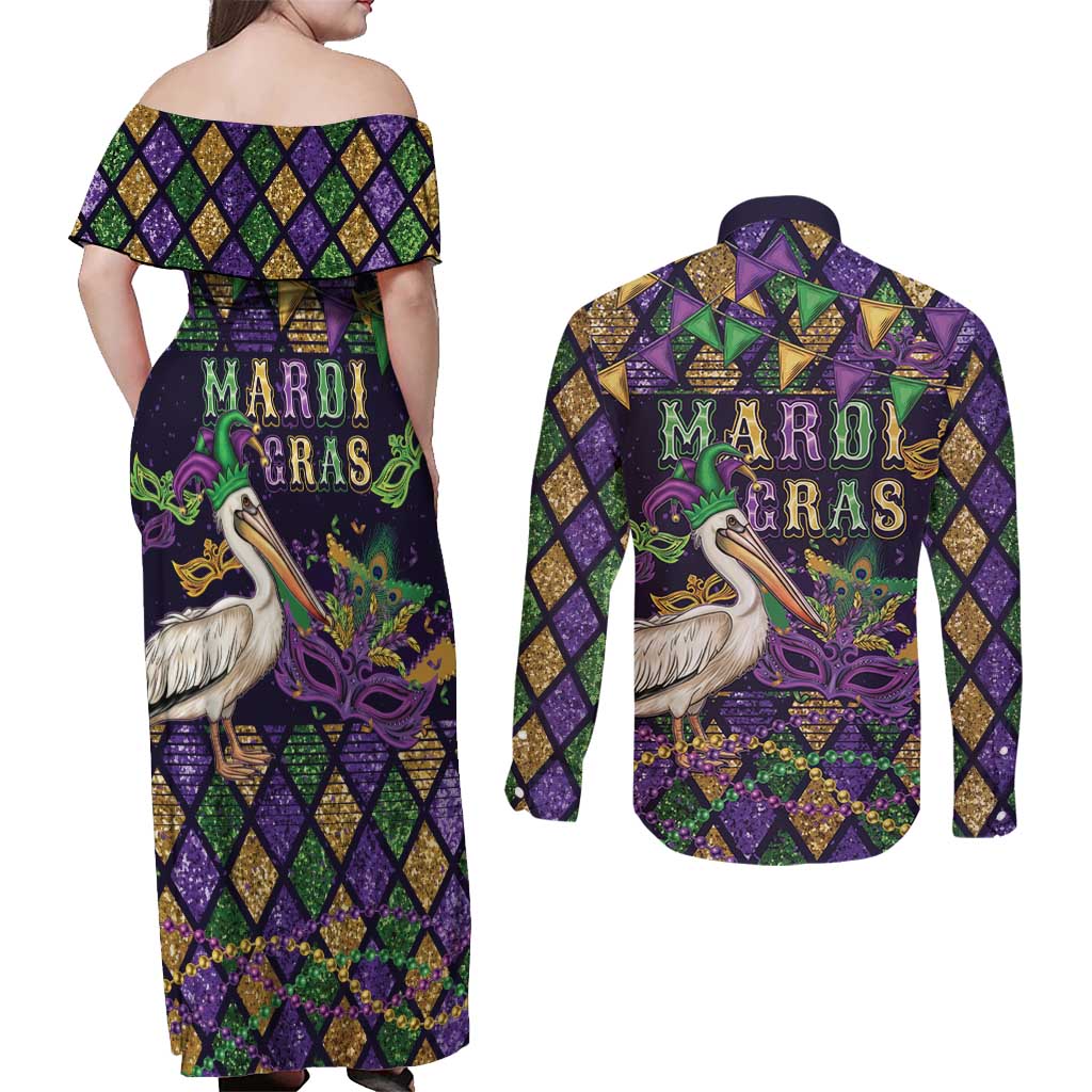Mardi Gras Pelican Couples Matching Off Shoulder Maxi Dress and Long Sleeve Button Shirt Let the Good Times Roll