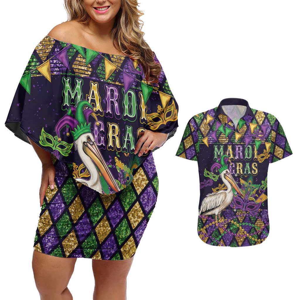 Mardi Gras Pelican Couples Matching Off Shoulder Short Dress and Hawaiian Shirt Let the Good Times Roll