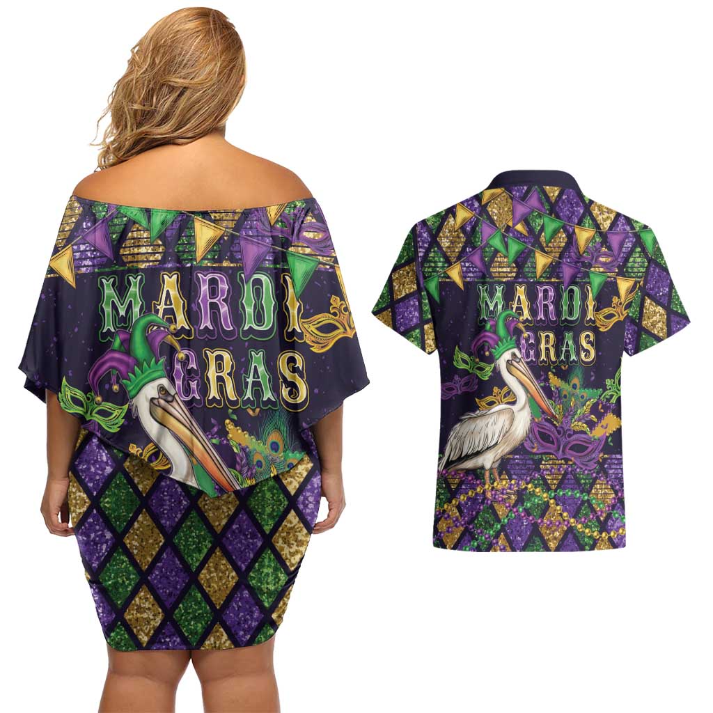 Mardi Gras Pelican Couples Matching Off Shoulder Short Dress and Hawaiian Shirt Let the Good Times Roll