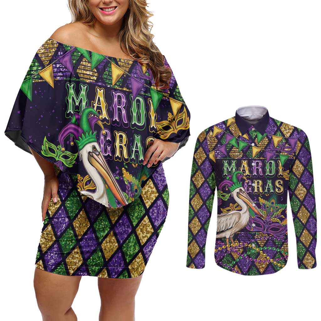 Mardi Gras Pelican Couples Matching Off Shoulder Short Dress and Long Sleeve Button Shirt Let the Good Times Roll