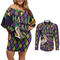 Mardi Gras Pelican Couples Matching Off Shoulder Short Dress and Long Sleeve Button Shirt Let the Good Times Roll