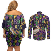 Mardi Gras Pelican Couples Matching Off Shoulder Short Dress and Long Sleeve Button Shirt Let the Good Times Roll