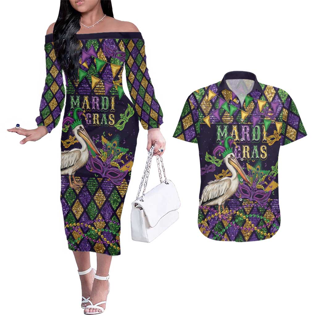 Mardi Gras Pelican Couples Matching Off The Shoulder Long Sleeve Dress and Hawaiian Shirt Let the Good Times Roll