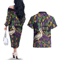Mardi Gras Pelican Couples Matching Off The Shoulder Long Sleeve Dress and Hawaiian Shirt Let the Good Times Roll