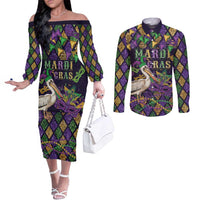 Mardi Gras Pelican Couples Matching Off The Shoulder Long Sleeve Dress and Long Sleeve Button Shirt Let the Good Times Roll