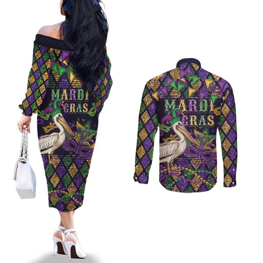 Mardi Gras Pelican Couples Matching Off The Shoulder Long Sleeve Dress and Long Sleeve Button Shirt Let the Good Times Roll