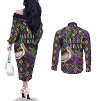 Mardi Gras Pelican Couples Matching Off The Shoulder Long Sleeve Dress and Long Sleeve Button Shirt Let the Good Times Roll