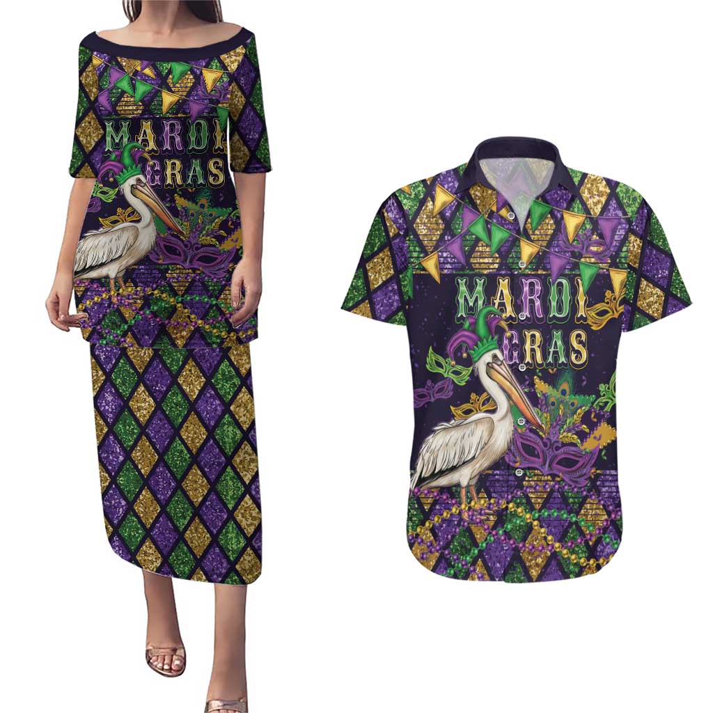 Mardi Gras Pelican Couples Matching Puletasi and Hawaiian Shirt Let the Good Times Roll