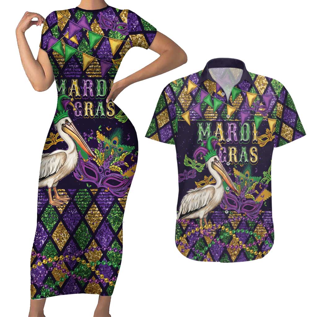 Mardi Gras Pelican Couples Matching Short Sleeve Bodycon Dress and Hawaiian Shirt Let the Good Times Roll