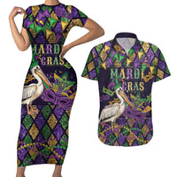 Mardi Gras Pelican Couples Matching Short Sleeve Bodycon Dress and Hawaiian Shirt Let the Good Times Roll