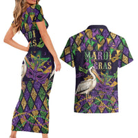Mardi Gras Pelican Couples Matching Short Sleeve Bodycon Dress and Hawaiian Shirt Let the Good Times Roll