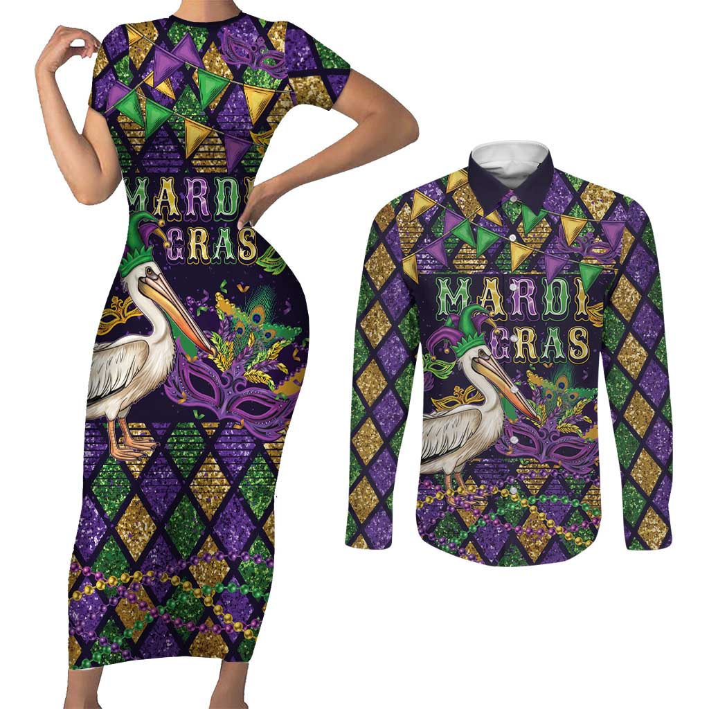 Mardi Gras Pelican Couples Matching Short Sleeve Bodycon Dress and Long Sleeve Button Shirt Let the Good Times Roll