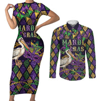 Mardi Gras Pelican Couples Matching Short Sleeve Bodycon Dress and Long Sleeve Button Shirt Let the Good Times Roll