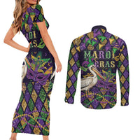 Mardi Gras Pelican Couples Matching Short Sleeve Bodycon Dress and Long Sleeve Button Shirt Let the Good Times Roll