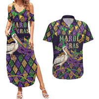 Mardi Gras Pelican Couples Matching Summer Maxi Dress and Hawaiian Shirt Let the Good Times Roll