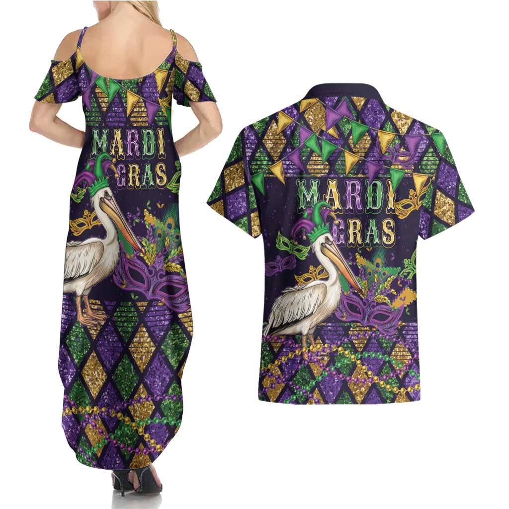 Mardi Gras Pelican Couples Matching Summer Maxi Dress and Hawaiian Shirt Let the Good Times Roll
