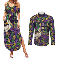 Mardi Gras Pelican Couples Matching Summer Maxi Dress and Long Sleeve Button Shirt Let the Good Times Roll