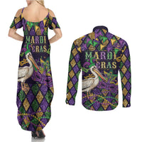 Mardi Gras Pelican Couples Matching Summer Maxi Dress and Long Sleeve Button Shirt Let the Good Times Roll